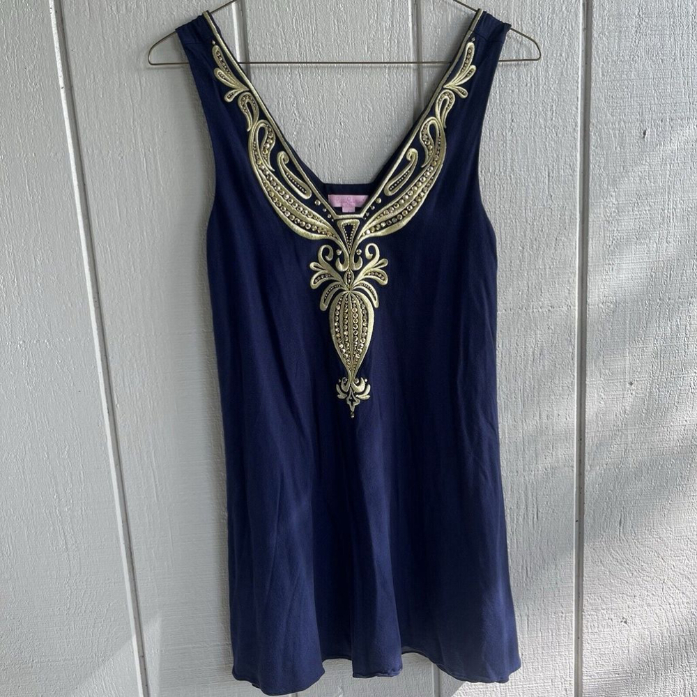 Lilly Pulitzer Owen Embellished Trapeze Swing Dress in Navy and Gold Size S
